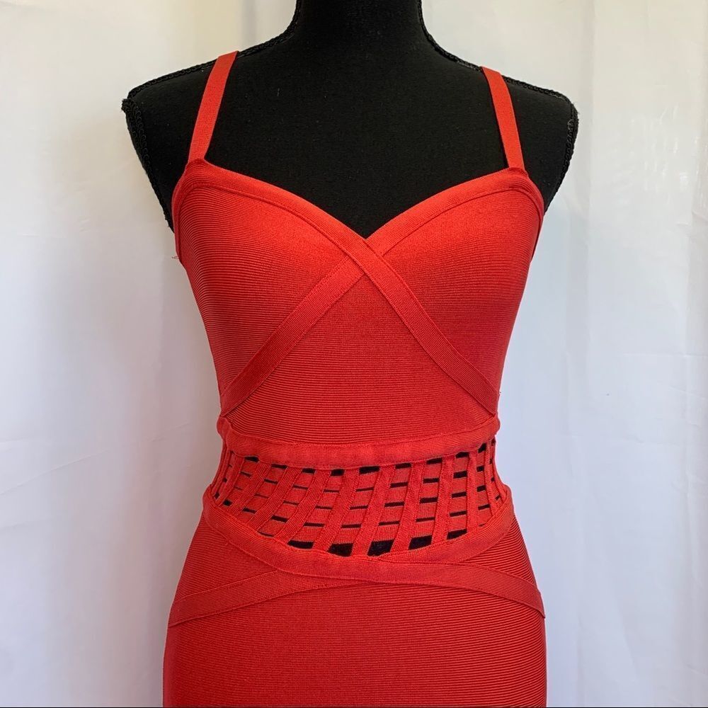 BEBE Red Bandage Bodycon Dress With Caged Waist Detail Sz M - Picture 5 of 12